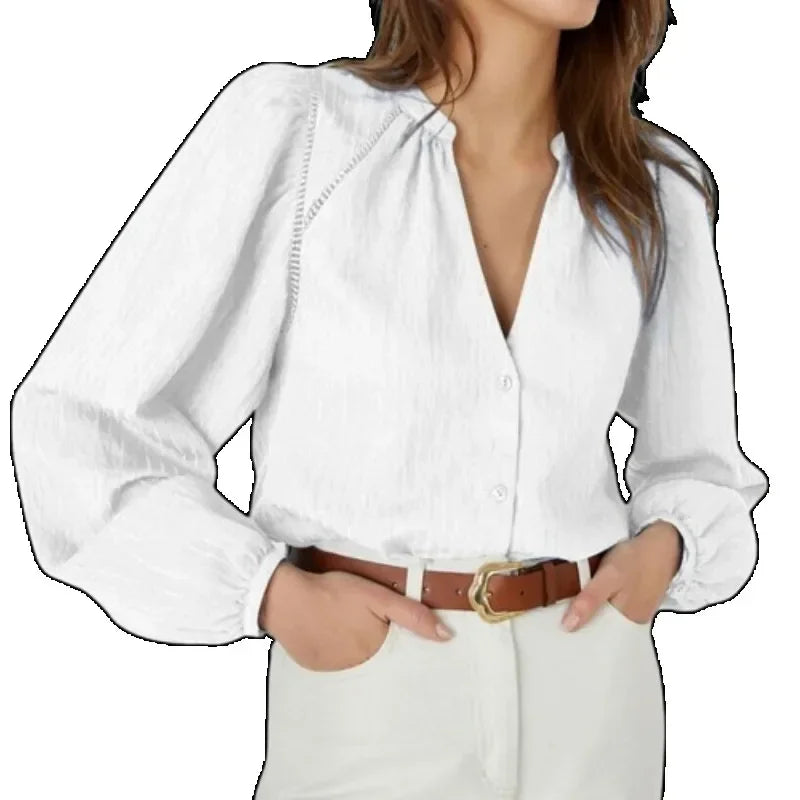 Urban Female V-neck Lapel Blouses 2025 Spring Long Sleeves Buttoned Split-Joint Solid Color Casual Fashion Shirts Tops