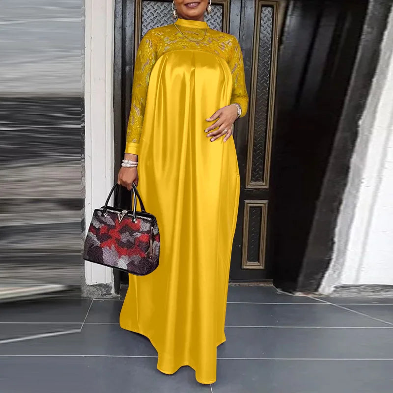 Elegant Women Summer Satin Maxi Dress 2024 VONDA Bohemian Lace Patchwork Long Sleeve Stand Collar Casual Long Dresses Robe Femme