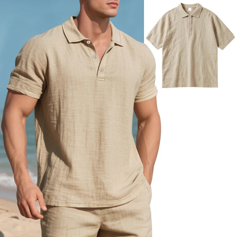 Men s Casual Short Sleeve Linen Shirt with Lapel Collar and Button Detail - Lightweight Summer Top for a Stylish Look