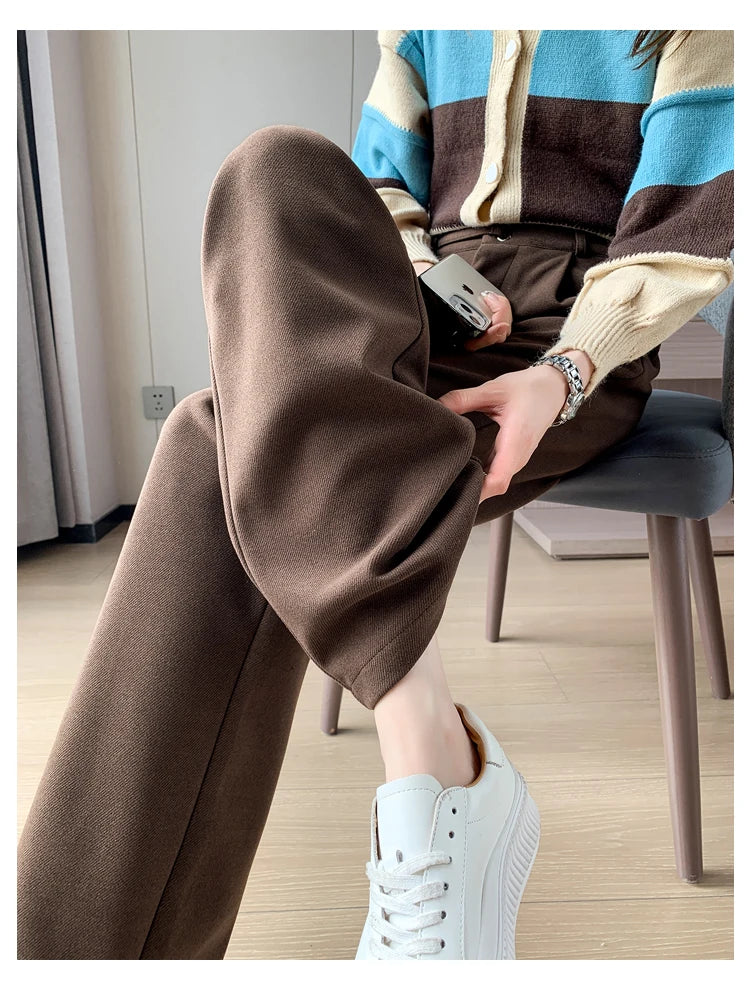 Seoulish Autumn Winter Thicken Woolen Casual Loose Full Length Pants 2025 New Button High Waist Chic Wide Leg Trousers Female