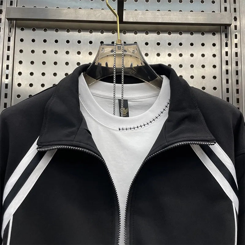 New Men Lapel Collar Zipper Tops Wide Leg Pants Sports Tracksuit Outdoor Jogging Running Set Mixed Colors Two Piece Training Set