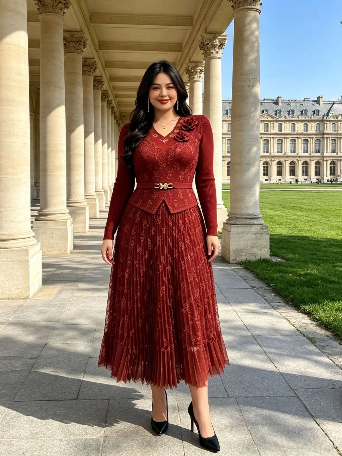Miyake Pleated Dresses 2026 Autumn New Long Sleeve Fashionable Elegant Lace Splicing Stretchy Women's Plus Size Long Dress