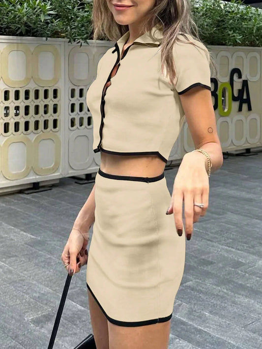 Women's Two-Piece Crop Top & Pencil Mini Skirt Set - Short Sleeve Button Shirt with Bodycon Skirt Outfits