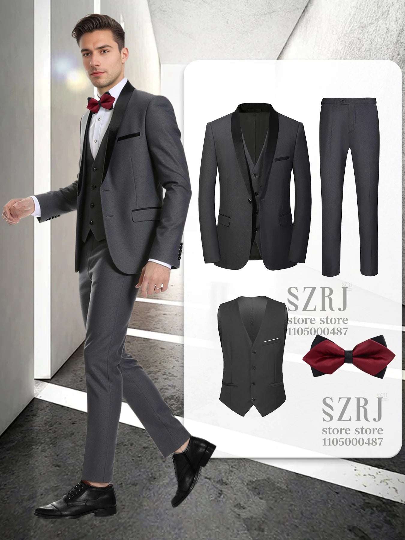 Men's 4-Piece Formal Suit: Jacket + Vest + Pants + Bow Tie, Shawl Collar, 1-Button, Flap Pockets, Wedding/Party