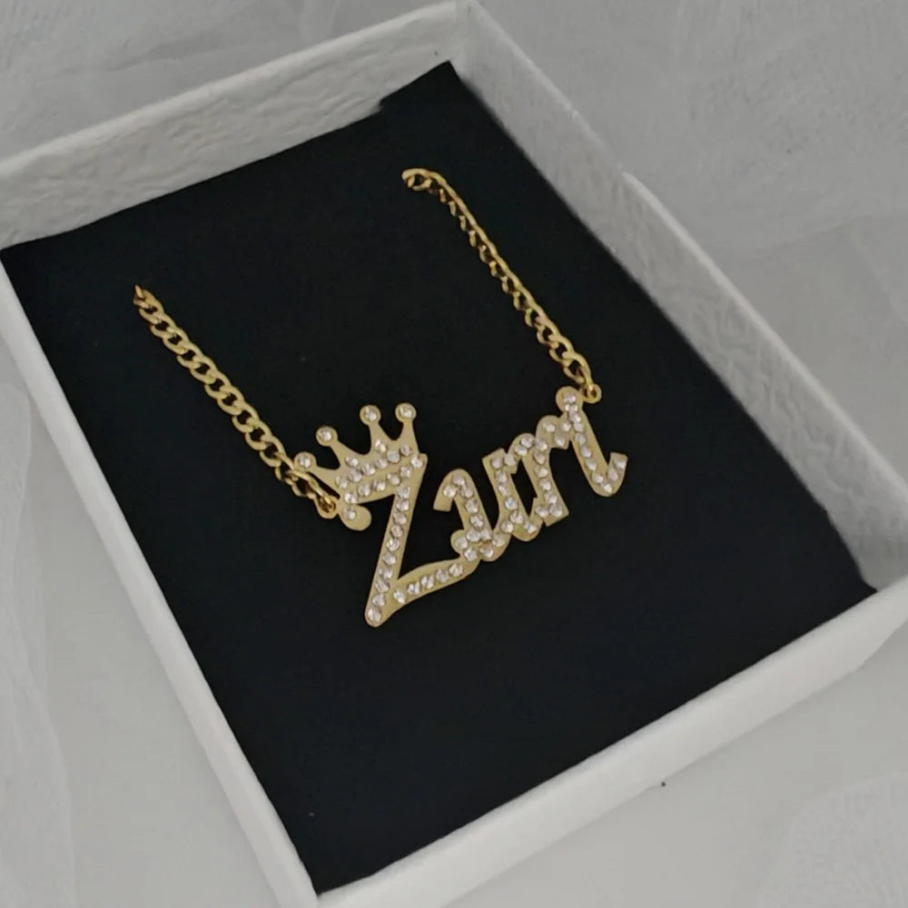 LeeChee Rhinestone Crown Custom Name Necklace Personalized Pendant Nameplate Girls Party Gift