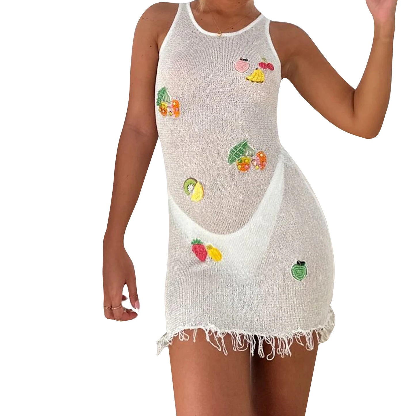 Women s Sleeveless Knitted Dress with Round Neckline and Colorful Fruit Patchwork Design Perfect for Summer Beachwear