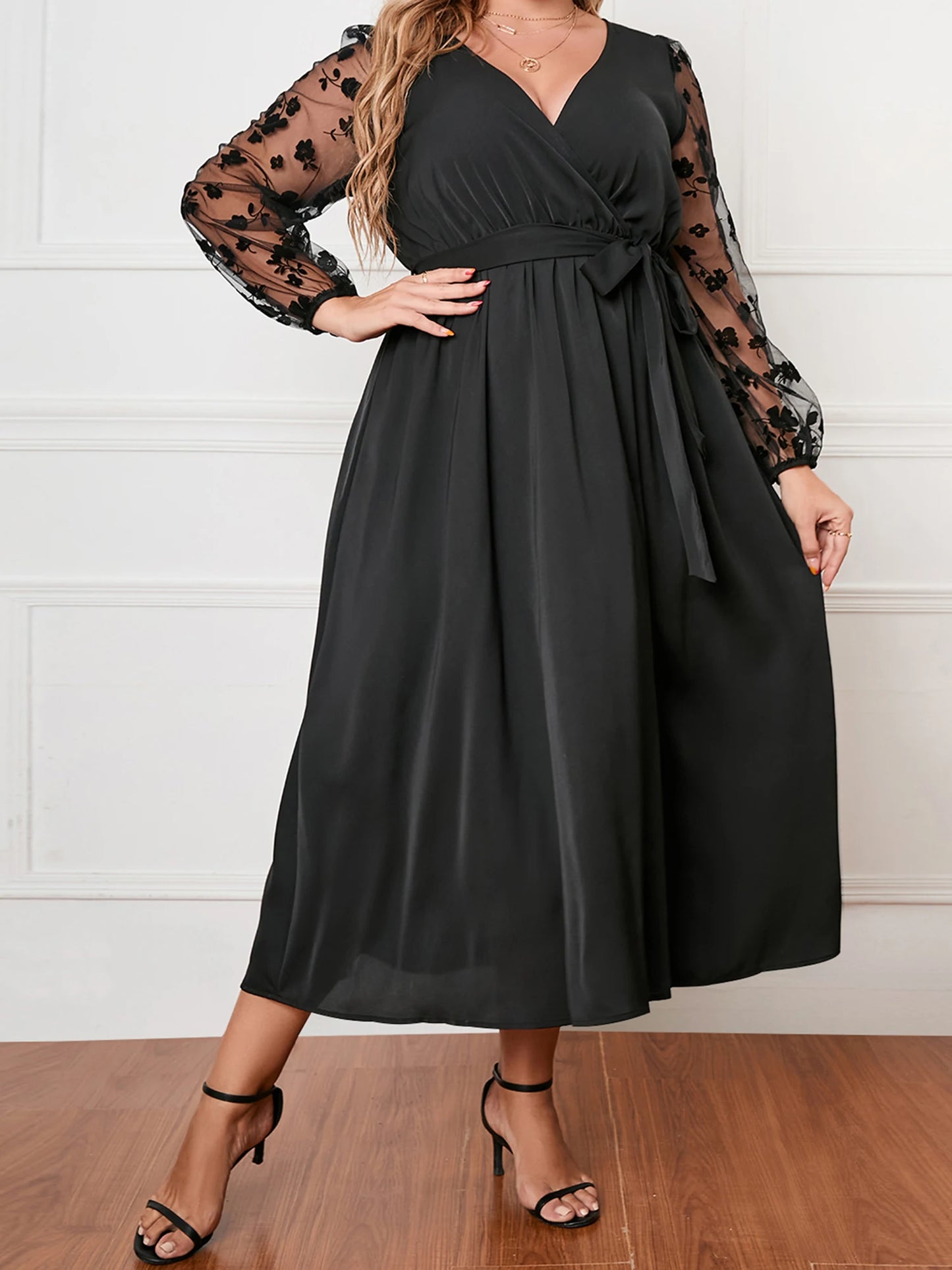 Women s Plus Size Satin Dress Embroidered Lace Long Sleeve Wrap V-Neck A Line Dress with Belt for Spring Fall Wedding Party