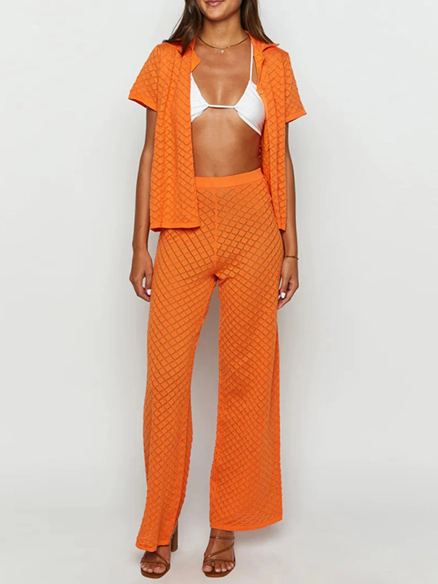 Women s 2 Piece Knit Set Lapel Neck Short Sleeve Button Down Tops Elastic Waist Wide Leg Pants Solid Color Outfits for Summer