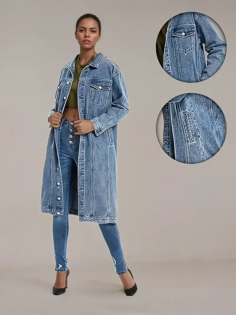 Women's Distressed Denim Trench Coat - Oversized Boyfriend Jacket with Button Closure & Long Loose Fit, Casual Streetwear
