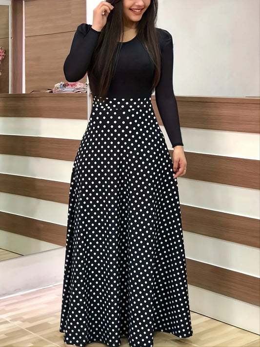 Plus Size Women's Dress Polka Dot Print Round Neck Long Sleeve Elegant Dress