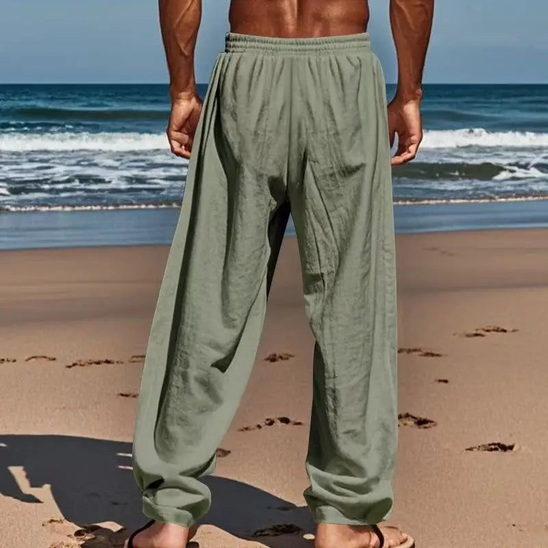 Spring and summer new men's solid-color cotton and linen casual long pants, Hawaiian beach loose sports and breathable street pa