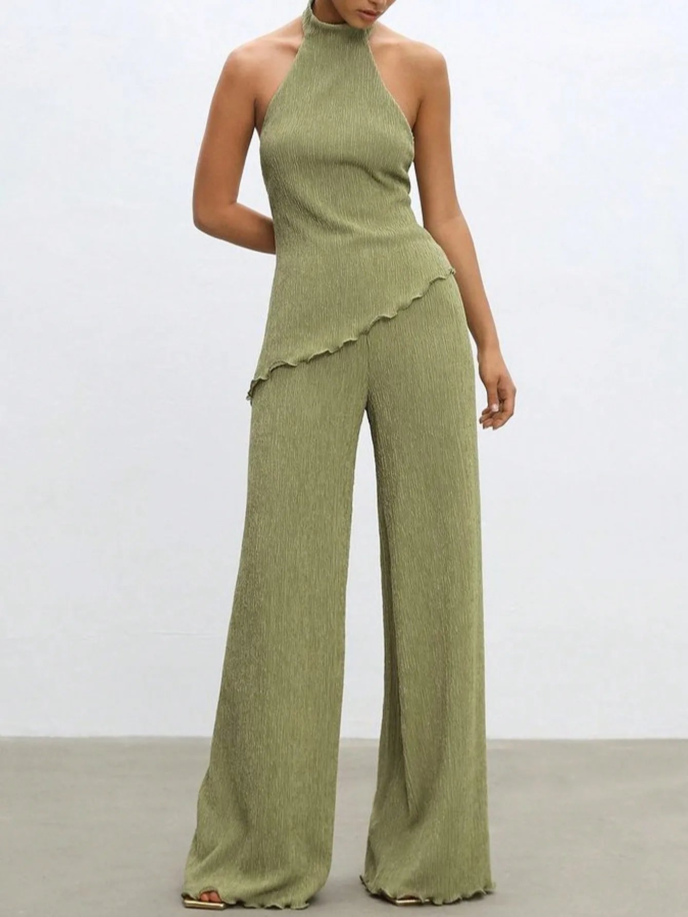 2025 Newest Women's 2 Piece Casual Bohemian Muse Shirt Wide Leg Pants Solid Color Daily Pleated Suit