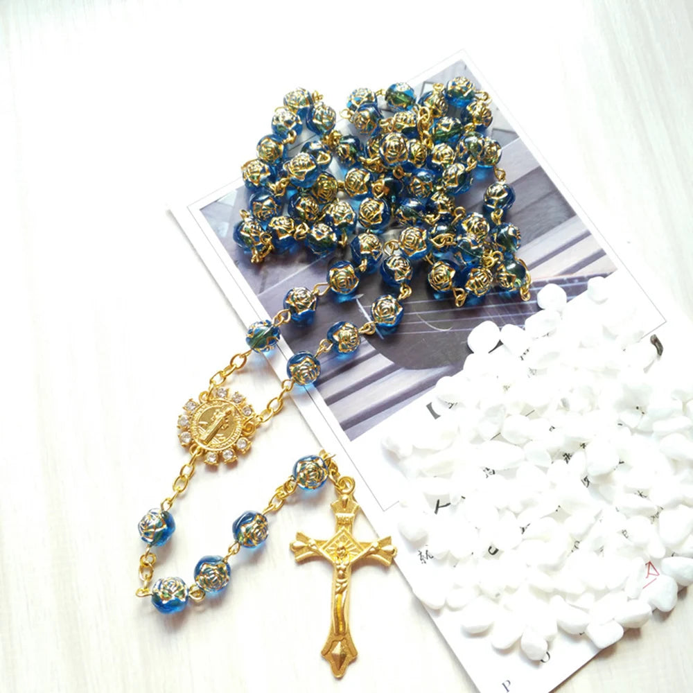 Cottvott  Rhinestone St Benedict Medal Rosary Necklace Religious Blue Rose Prayer Beads Chain Crucifix Cross Pendant Jewelry