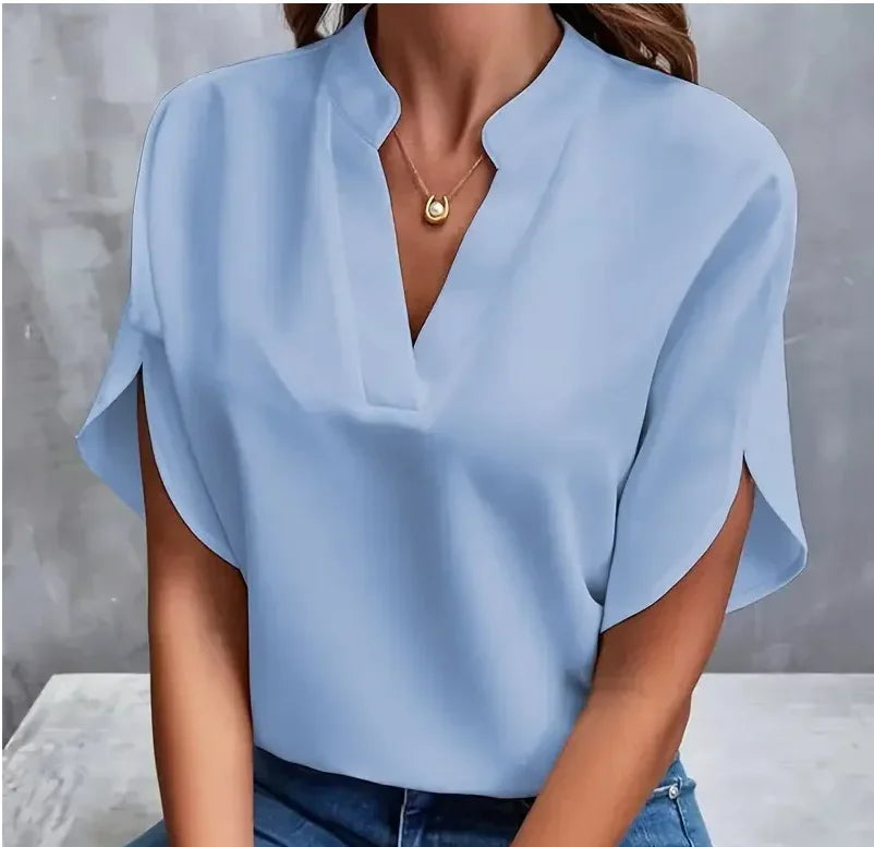 Summer Elegant Women's Blouse New V-neck Short Sleeve Solid Color Loose Shirt Casual White Tops Office Lady Blouses