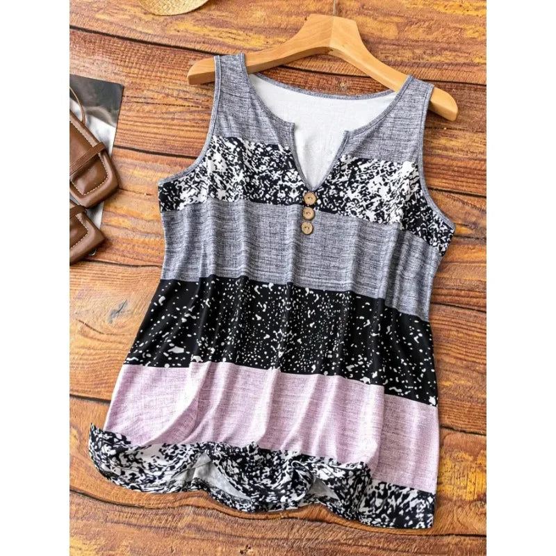 Plus Size 1XL-5XL Women's Summer New Casual and Fashionable Color Splicing Notch V-neck Sleeveless Vest