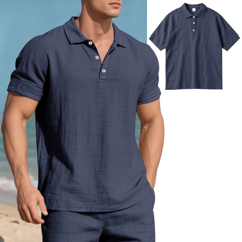 Men s Casual Short Sleeve Linen Shirt with Lapel Collar and Button Detail - Lightweight Summer Top for a Stylish Look