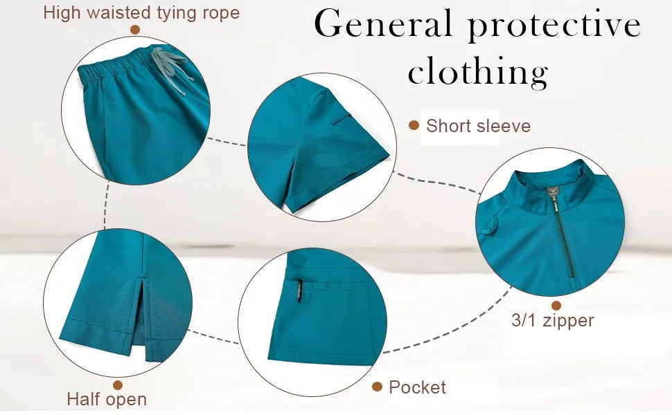 Women Two-Piece Set Solid Color Stand-Up Collar Short-Sleeve Top With Zipper Pocket And Matching Pants Professional Workwear