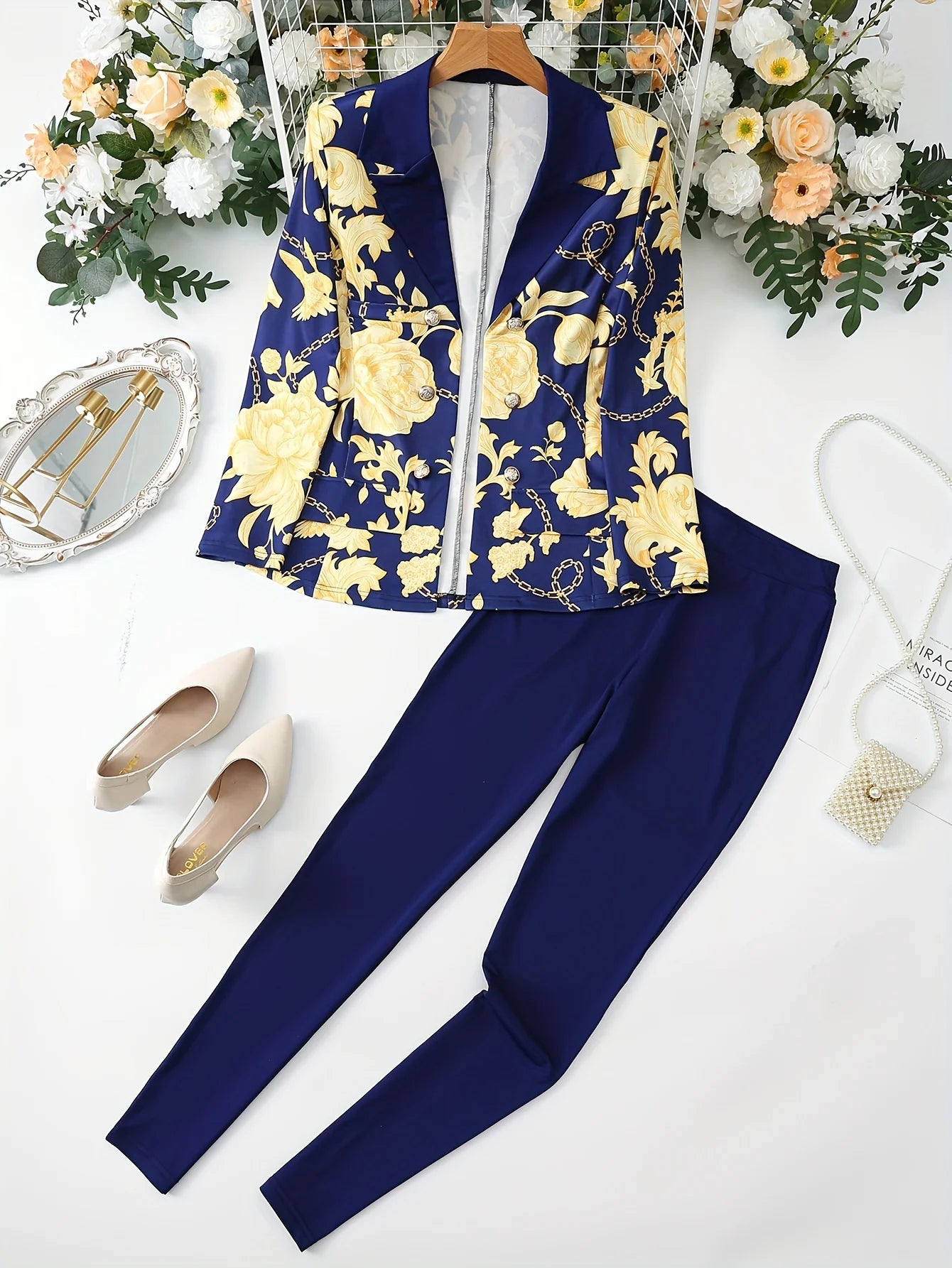 Urban elegance and romantic party gold floral chain digital print casual stretch top suit jacket and elastic waistband colorful
