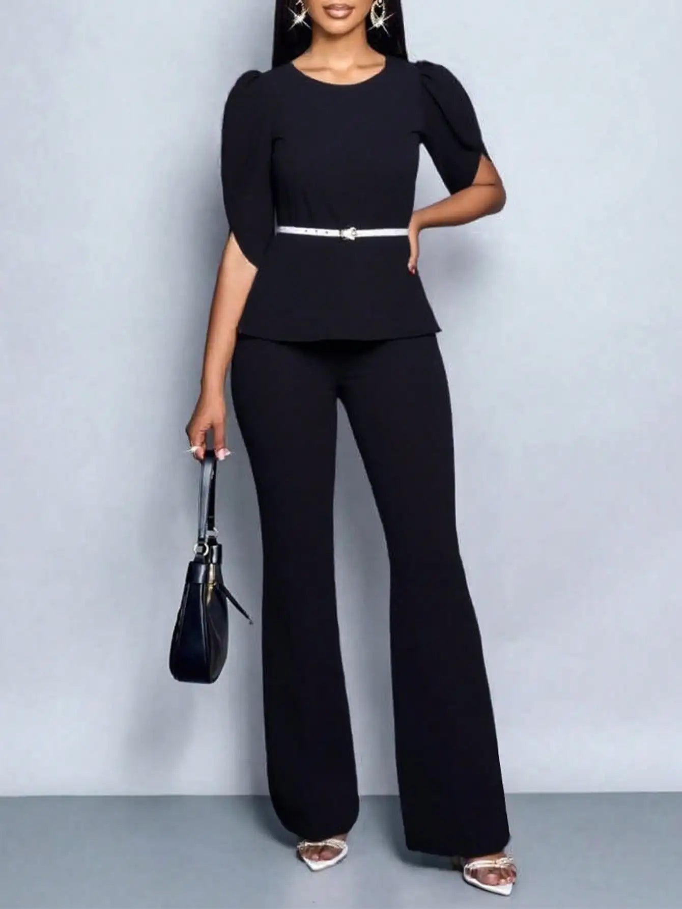 2025 latest elegant temperament solid color top wide-leg pants two-piece set with belt