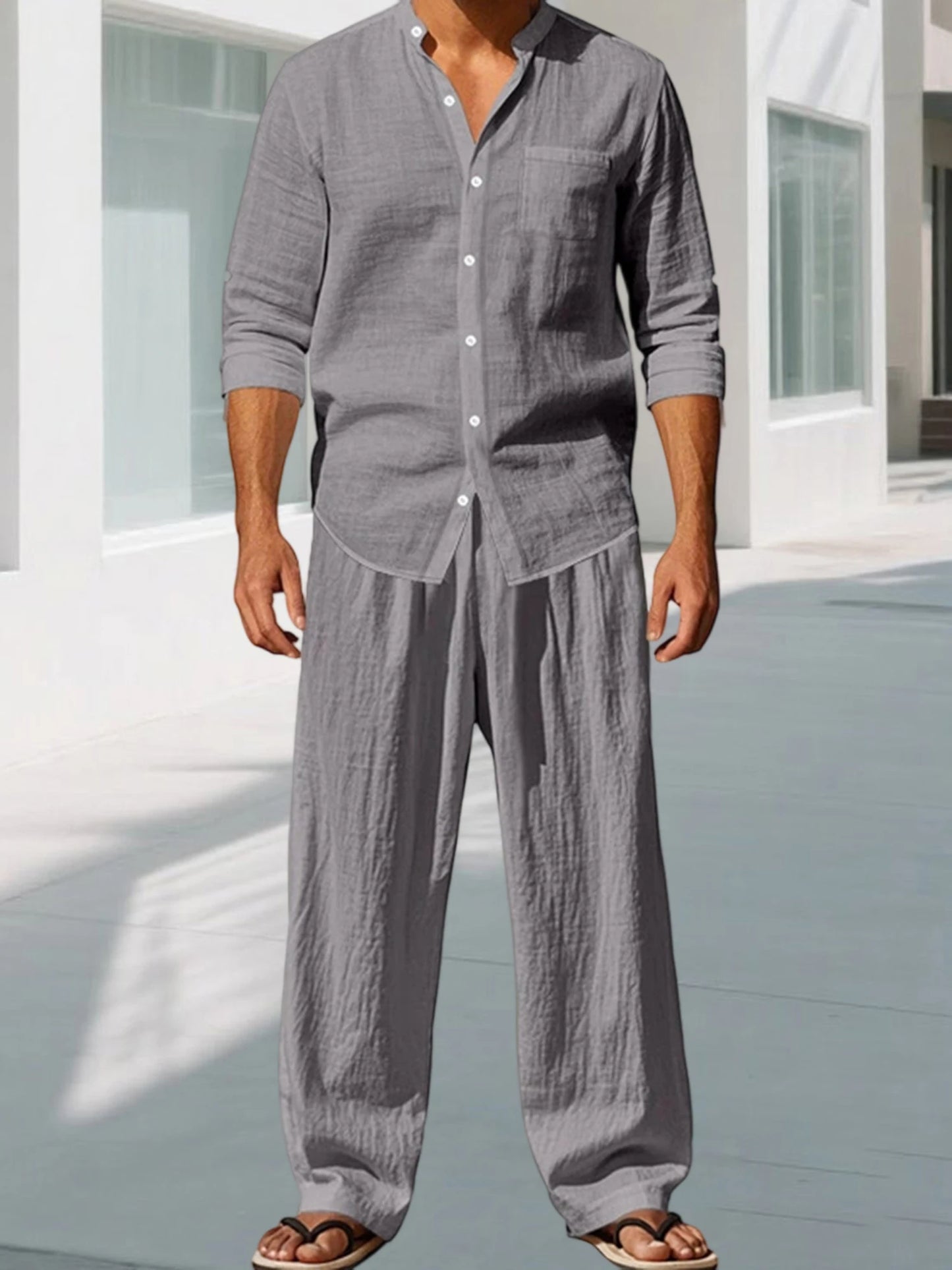 Men s Cotton Summer Outfits Sets Lightweight Breathable Short Sleeve Shirt and Shorts 2 Pcs Set for Beach Vacation