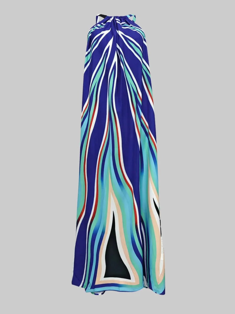 Summer Flowy Maxi Dress for Women 2025 New Colorful Striped Halterneck Sleeveless Party Vacation Beach Long SunDress