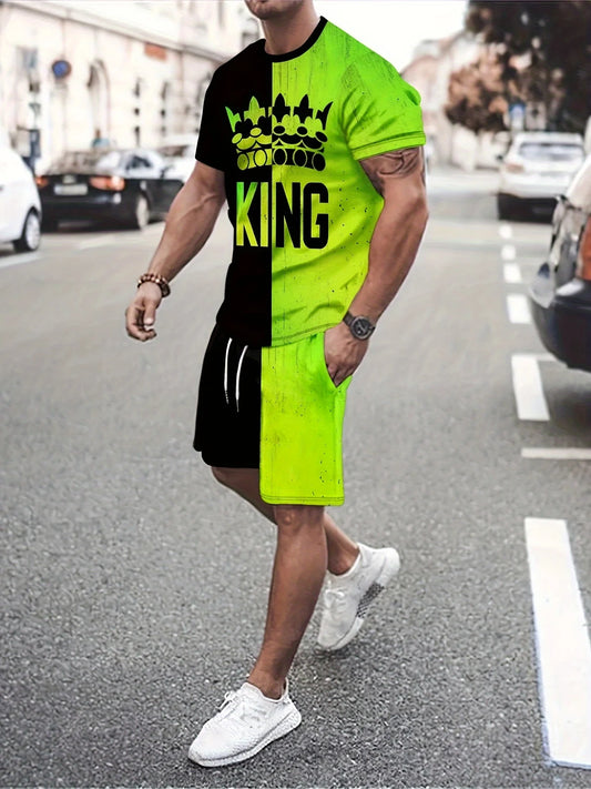 Men's trendy round neck short-sleeved shorts two-piece suit, 3D digital printing high-definition pattern, summer leisure and com