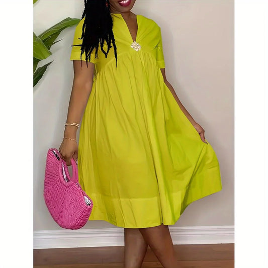 Casual Short Sleeved V-neck Waist Cinched Loose Vacation A-line Shirt Skirt