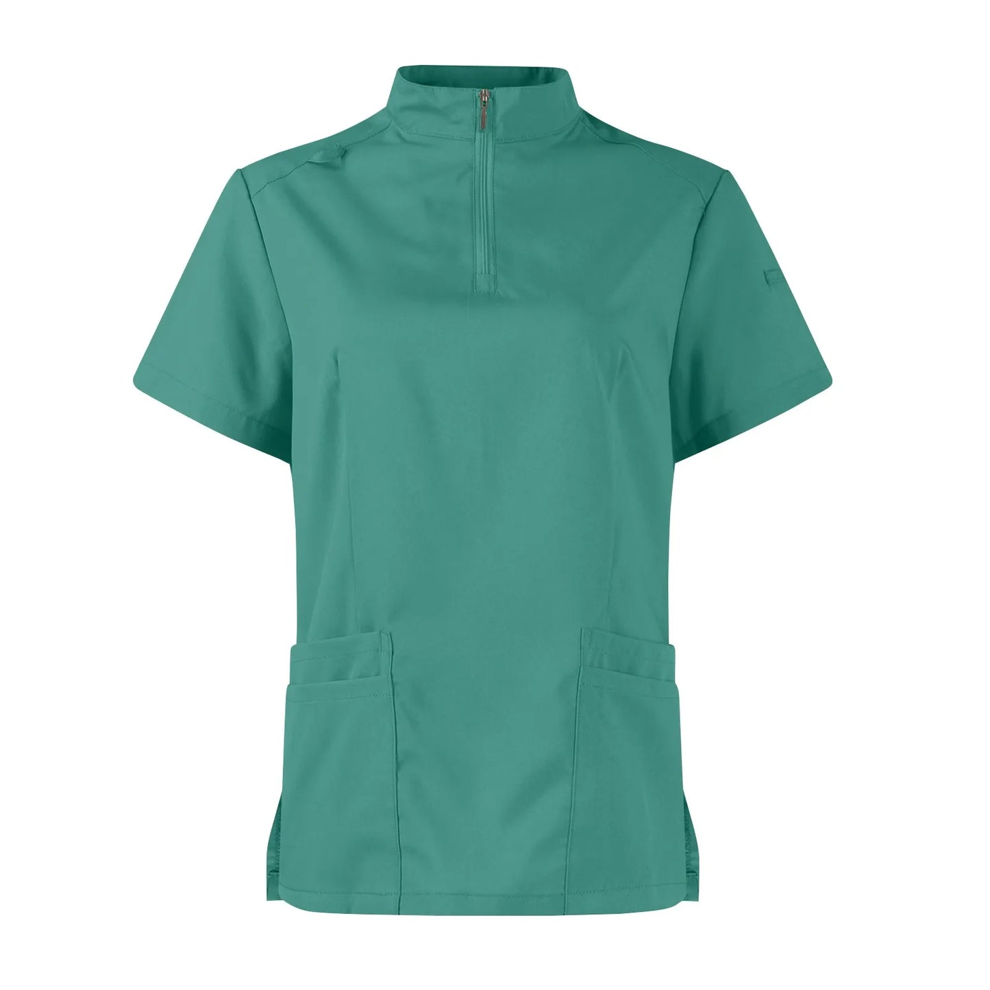 Women Two-Piece Set Solid Color Stand-Up Collar Short-Sleeve Top With Zipper Pocket And Matching Pants Professional Workwear