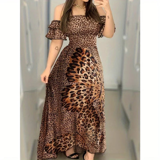 Sexy Off-the-shoulder One-shoulder Leopard Waist Print Long Dress