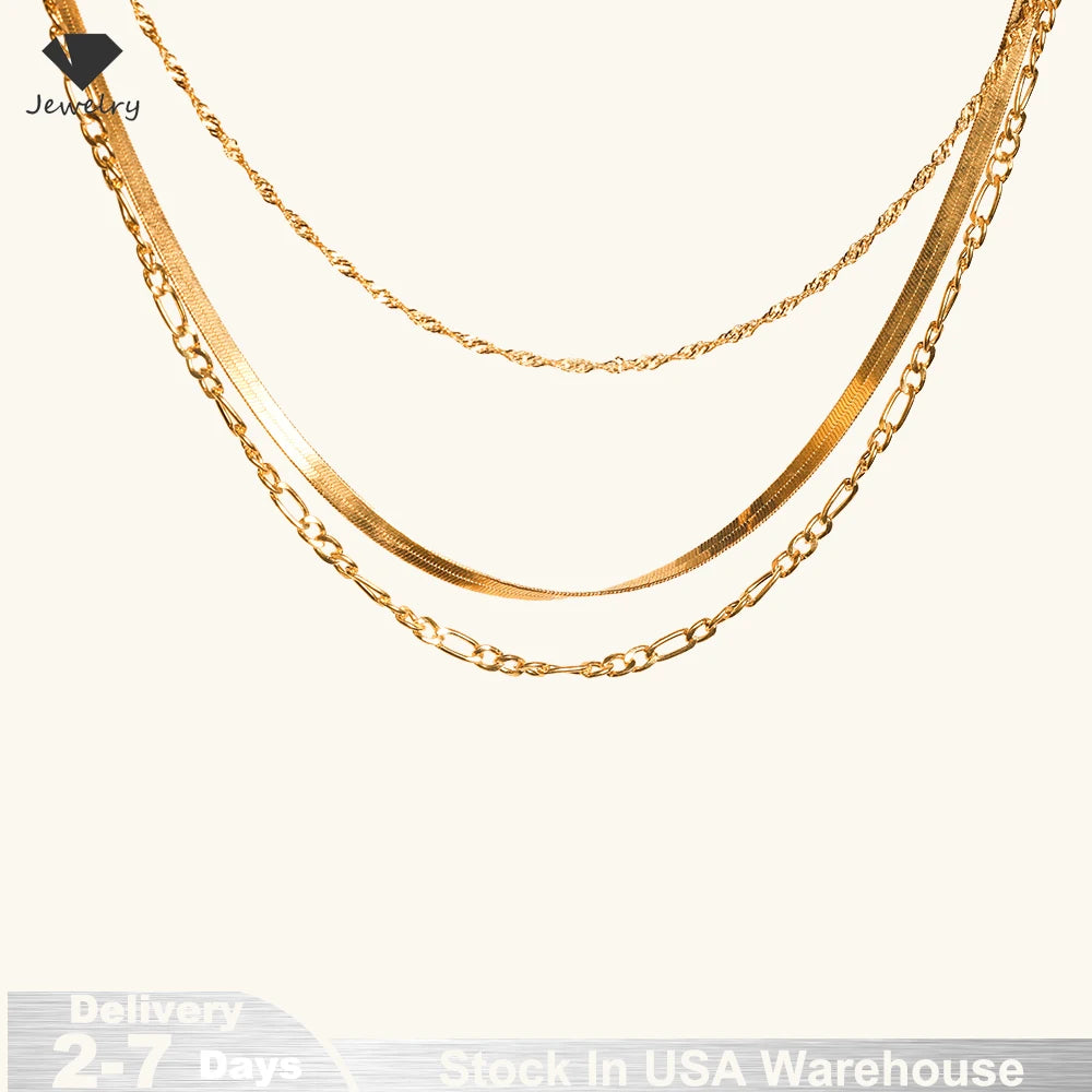 Layered Chain Handpicked Brass Chain Triple Layers Necklace 14K Gold Plated Waterproof Trendy Chain Jewelry Women Stock in USA