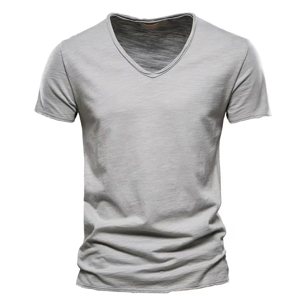 2024 hot summer men's new solid color V-neck pure cotton short sleeved T-shirt hot selling men's T-shirt top