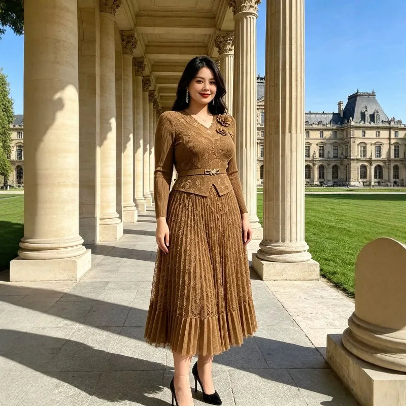 Miyake Pleated Dresses 2026 Autumn New Long Sleeve Fashionable Elegant Lace Splicing Stretchy Women's Plus Size Long Dress