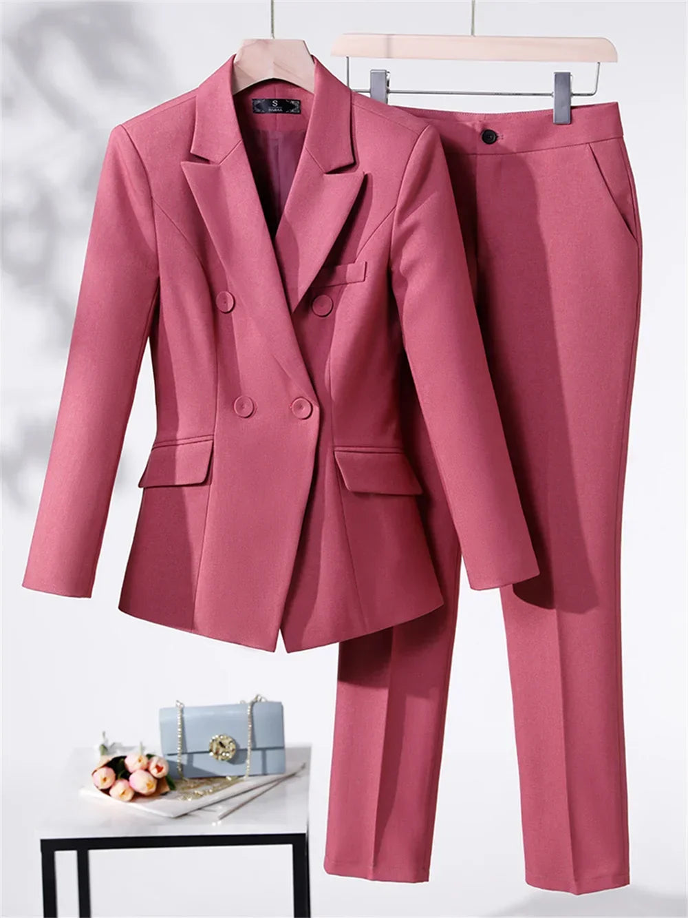 Women Formal Pant Suit 2023 New in Red Black Blue Office Apricot Office Ladies Work Female Blazer Jacket and Trouser 2 Piece Set