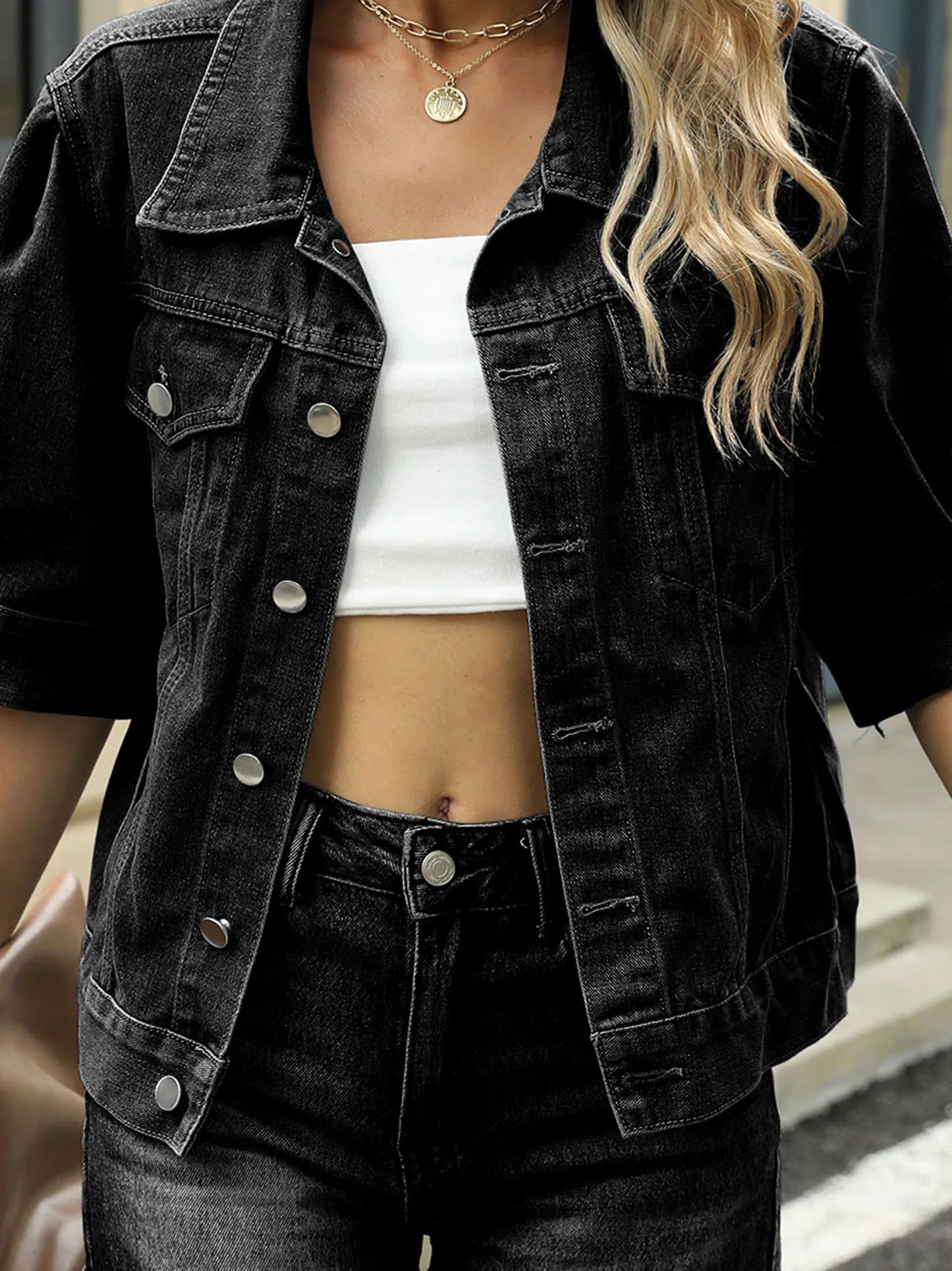 Women s Denim Jacket Long Sleeve Turn-down Collar Button Closure Solid Casual Coat Streetwear Fashion Outwear