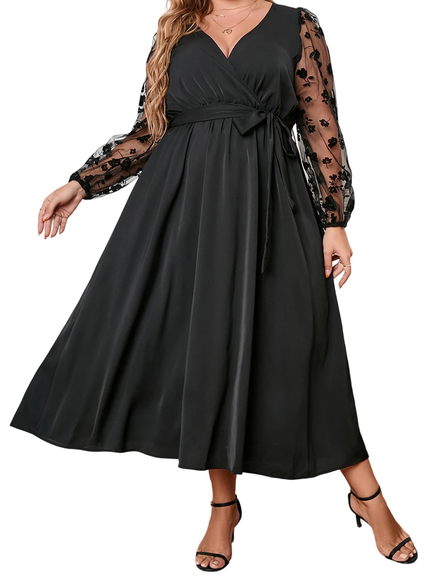Women s Plus Size Satin Dress Embroidered Lace Long Sleeve Wrap V-Neck A Line Dress with Belt for Spring Fall Wedding Party