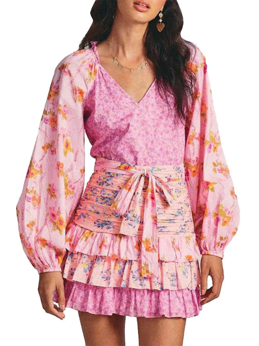 Women Long Sleeve Floral Dress Layered Ruffle V Neck Party Mini Dress for Beach Cocktail Club Streetwear