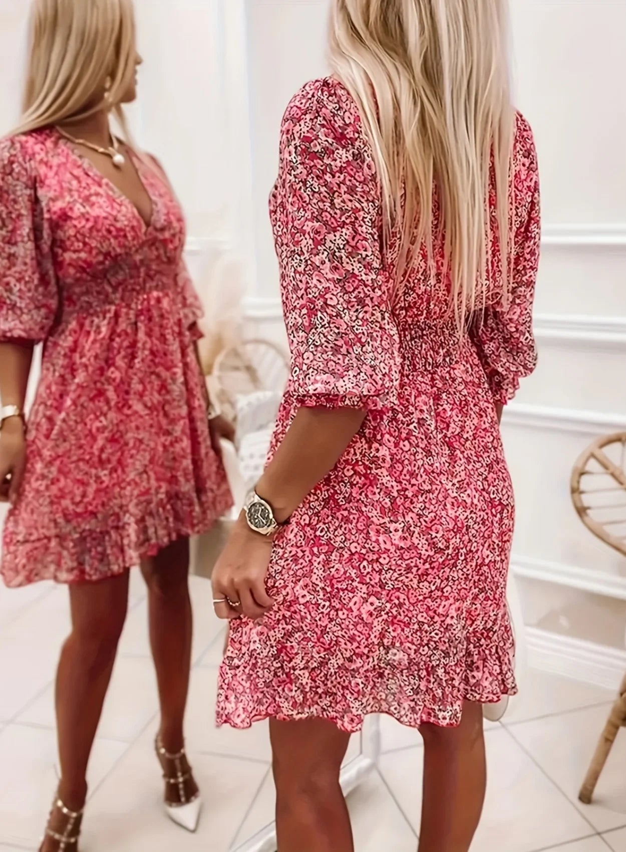 Women's small floral printed V-neck dress, elastic waist design, bohemian fashion casual dress, suitable for daily wear in sprin