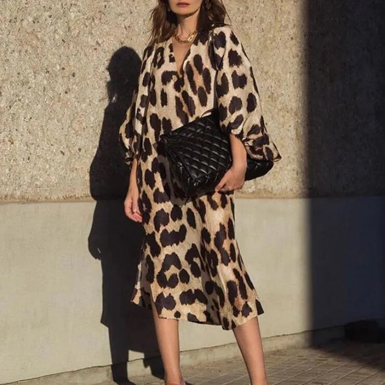 Women Dress New Spring and Summer Fashion V-neck Loose Lantern Sleeve Leopard Print Midi Dresses For Women Robe Femme Streetwear