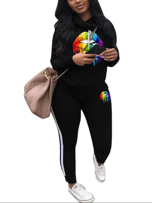 Womens Casual 2 Piece Tracksuit Outfits Lip Print Pattern Long Sleeve Pullover Pants Set