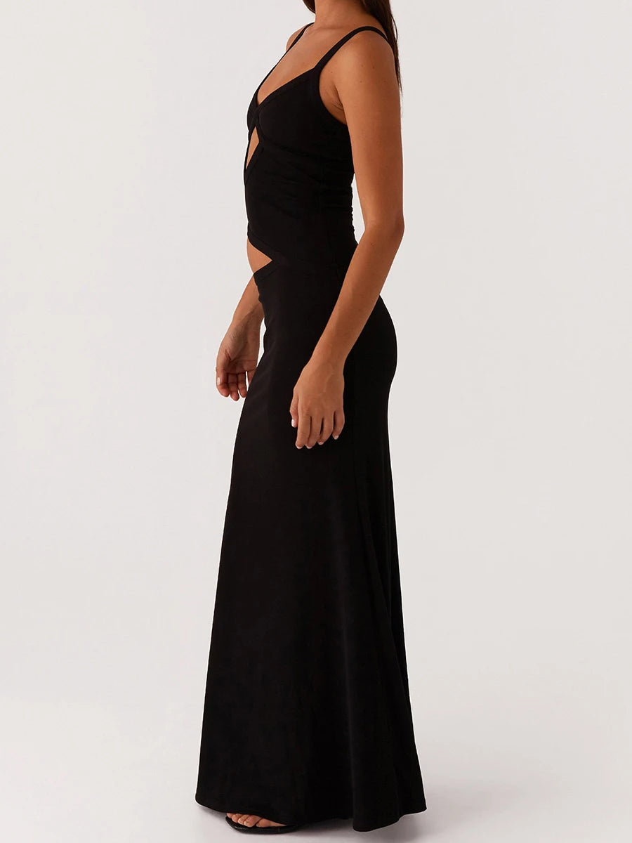 Elegant Lace Sleeveless V-neck Maxi Dress with Open Back for Evening Cocktail Party and Summer Events