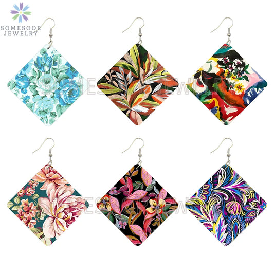 SOMESOOR Seamless Floral Afro Fabric Square Wooden Drop Earrings Blue Peonies Flowers Bohemian African Art Women Dangle Jewelry