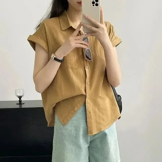 Women's Korean Version of Loose Short-sleeved Polo Shirt Chiffon Lapel Shirt Summer New Fashion Tops Thin Shirt Button Cardigan