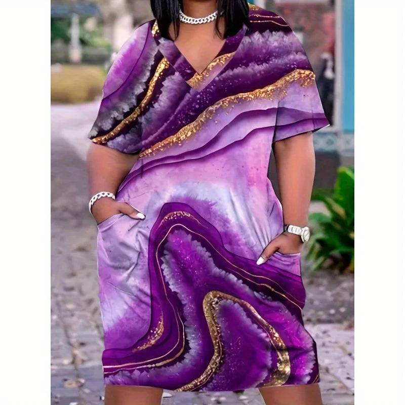 Purple Casual Print Patchwork V Neck Short Sleeve Dress