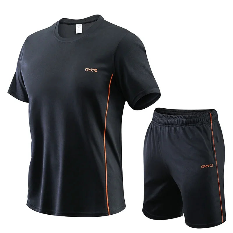Men's Running Set Summer Quick Drying Sweat-absorbing Short Sleeved T-shirt Shorts Sports Suit Two-piece Set Men