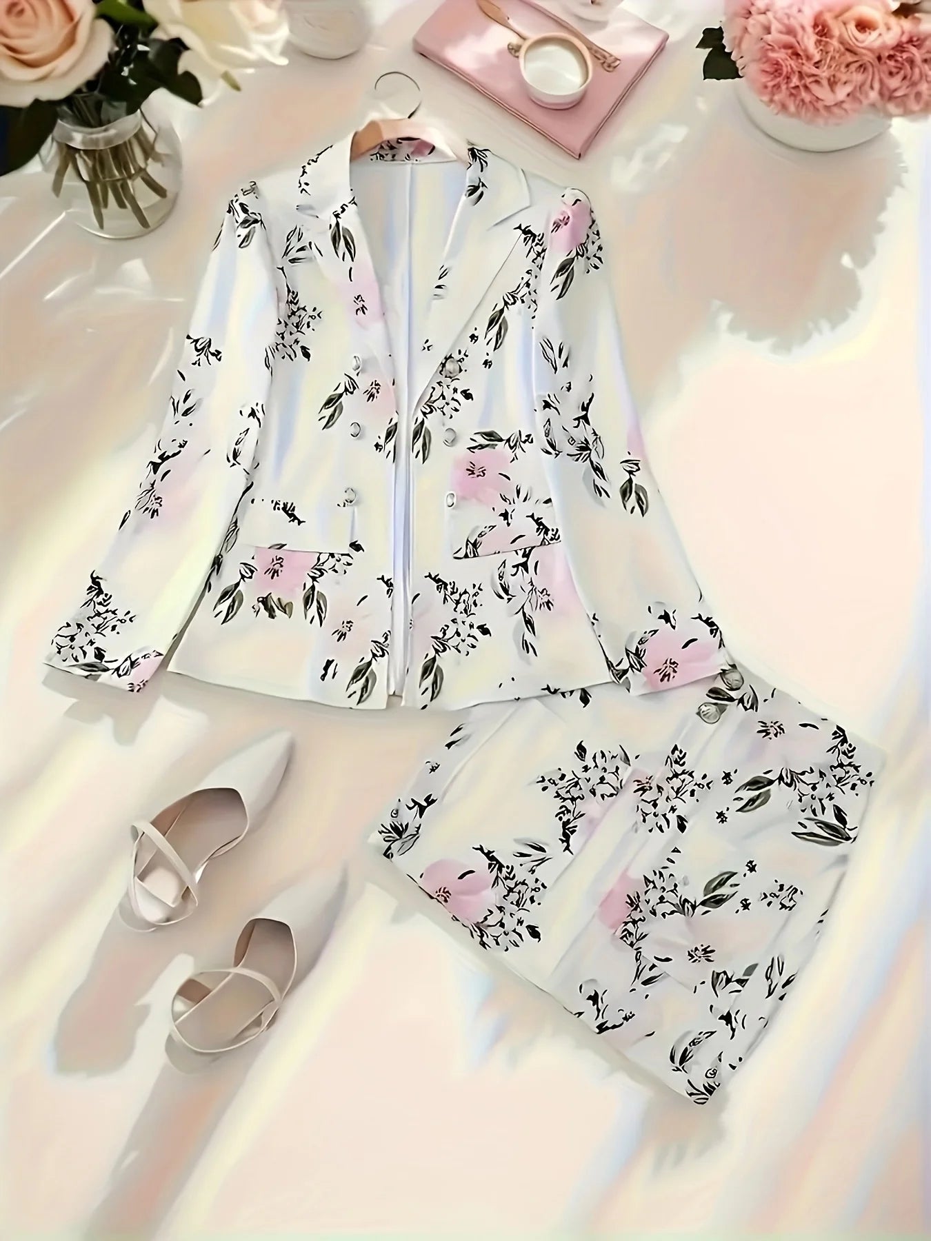 Women's Thousand Bird Casual Two-Piece Suit Set, Long Sleeved Flip Top Double Breasted Suit Jacket and Mini Hip Hugging Skirt, S