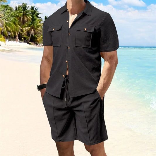 Casual Men s Summer Set Stylish Short Sleeve Button Up Shirt and Comfortable Elastic Waist Shorts in Solid Colors for Beach