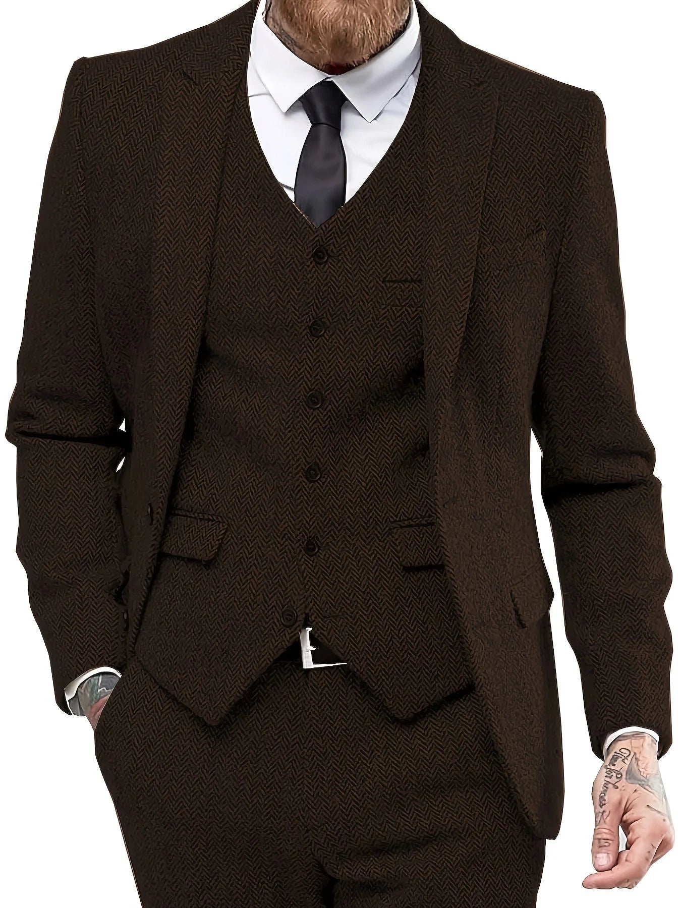 Elegant Men's Suit 3pcs Tweed Herringbone Wedding Suit Prom Tuxedos Peak Lapel Dress (Blazer+vest+Pants)