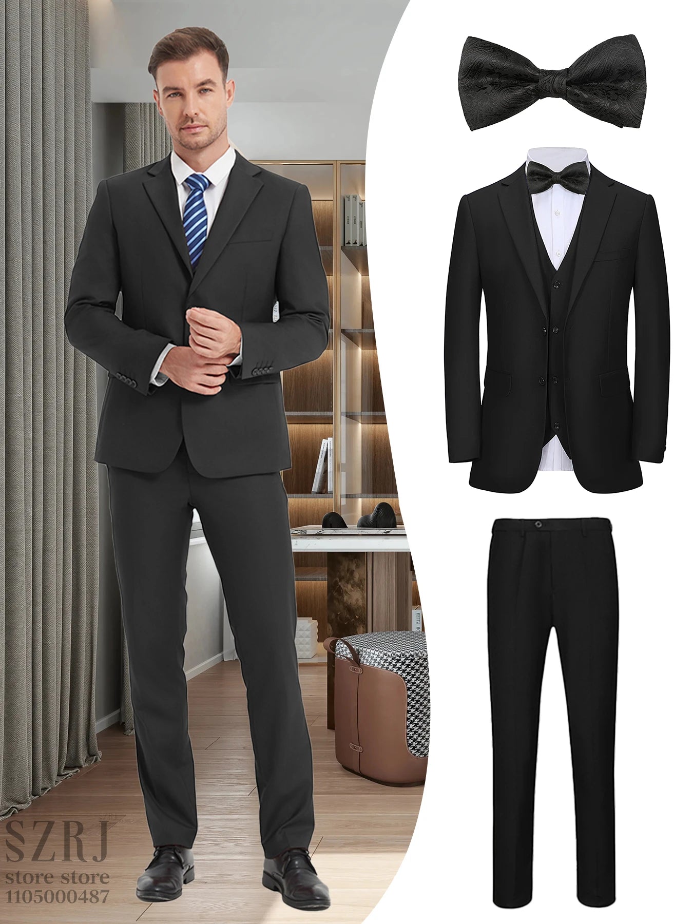 British Style Men's Suit Set (Jacket+Vest+Pants+Bow Tie) - Slim, Elegant, Multi-Occasion