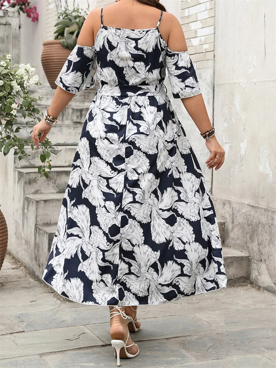 Women Plus Size Floral Print Maxi Dress with Ruffle Sleeves and V Neckline Elegant Belted Long Dress with High Side Split