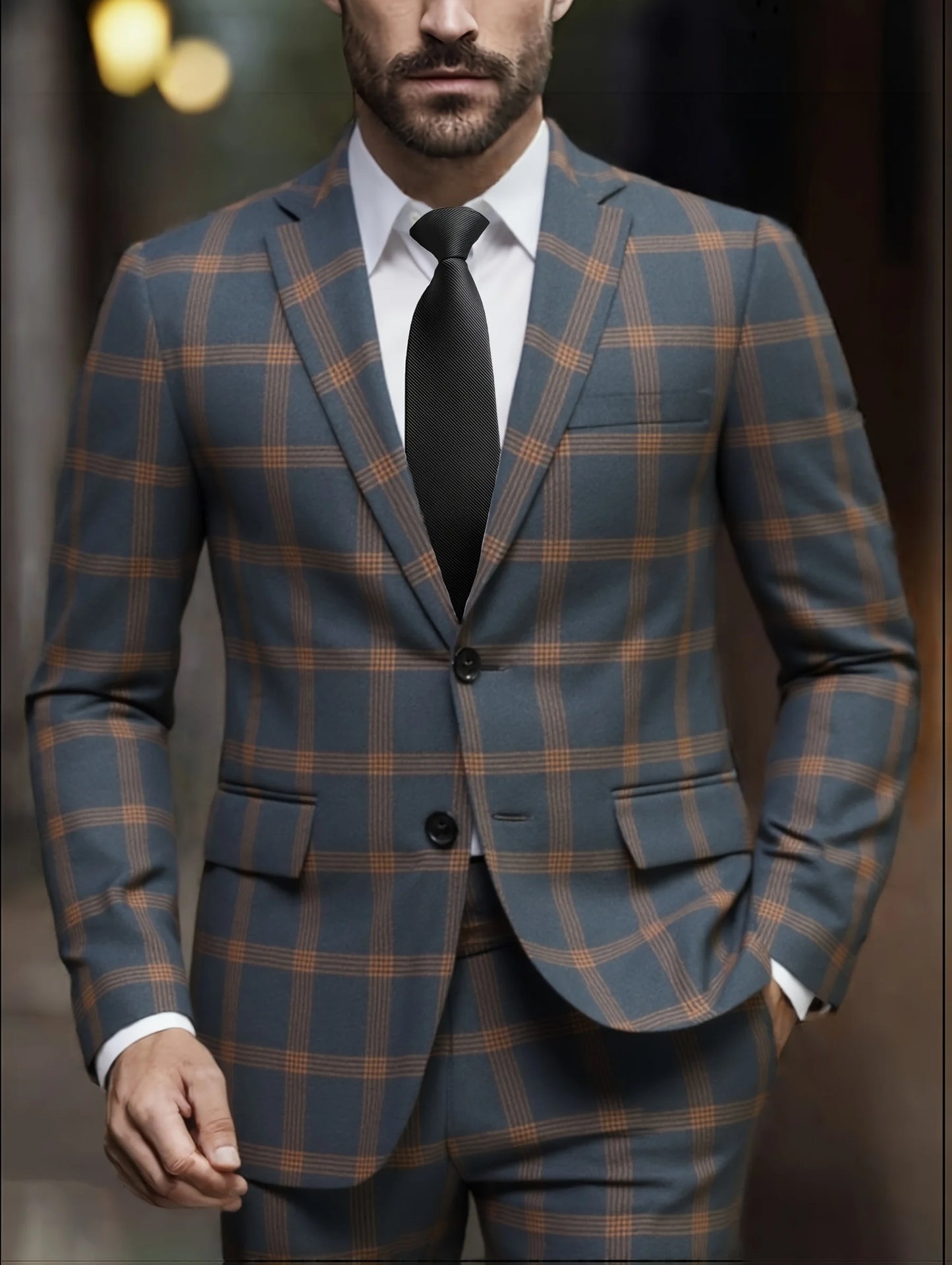 Men's Plaid Suit Two-Piece Set Four-Season Anti-Wrinkle No-Iron Business Casual Formal Wear Slim Two-Button Suit Trousers Suit